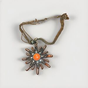 Vintage Faux Coral Red Bead With Rhinestones Sun Pendant Necklace Gold Tone